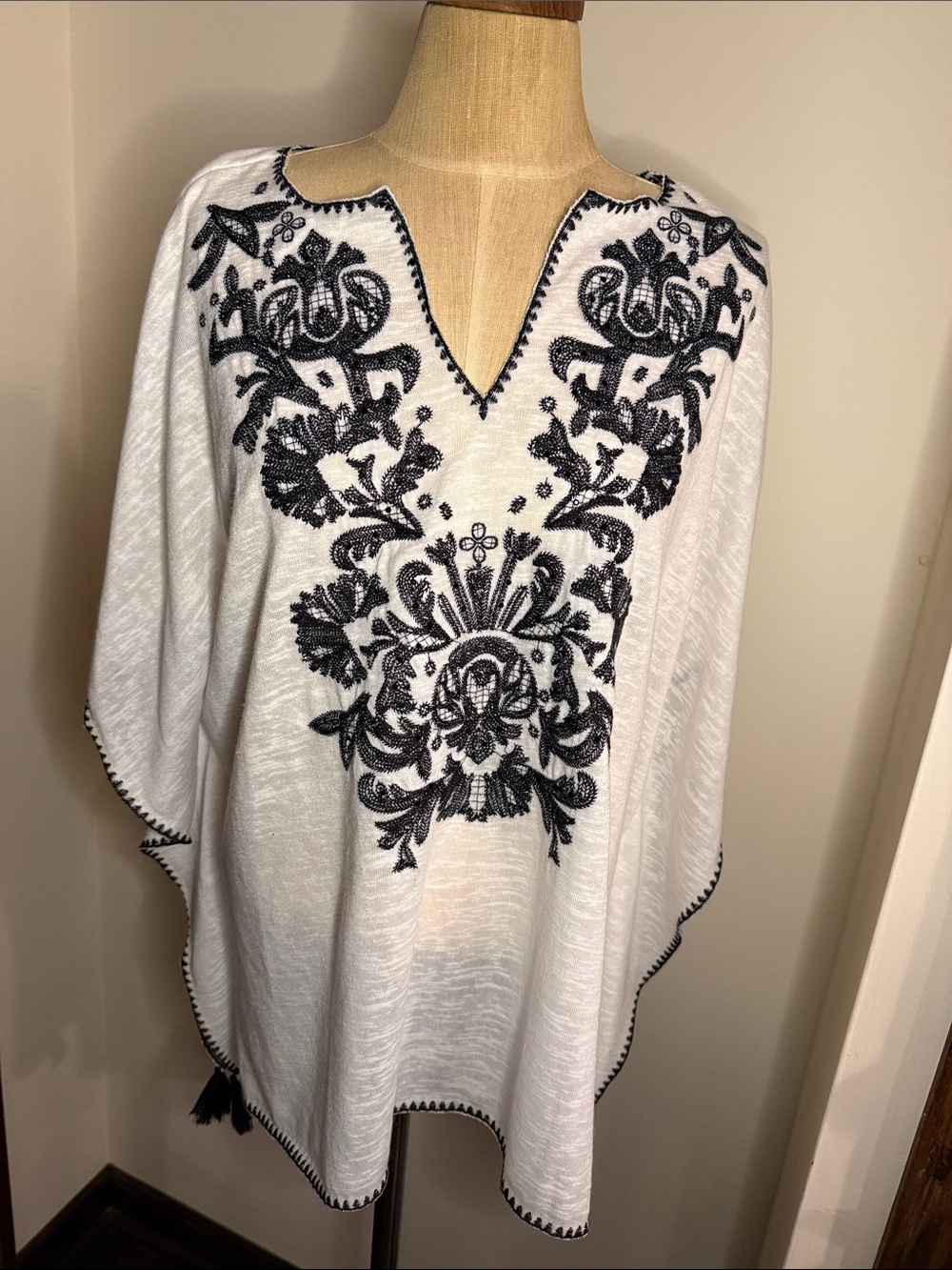 White Embroidered V-Neck Poncho Top
